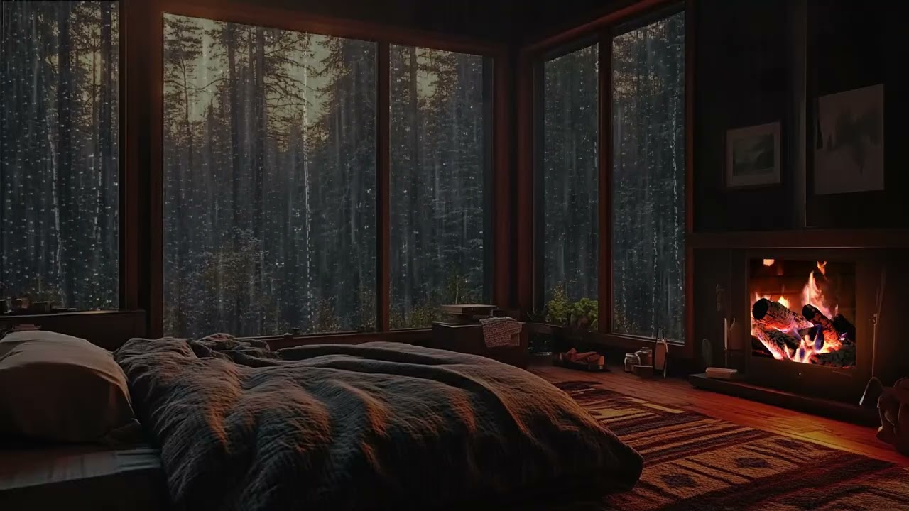 Warm Fireplace and Gentle Rain in a Forest Retreat for Relaxing and Sleeping
