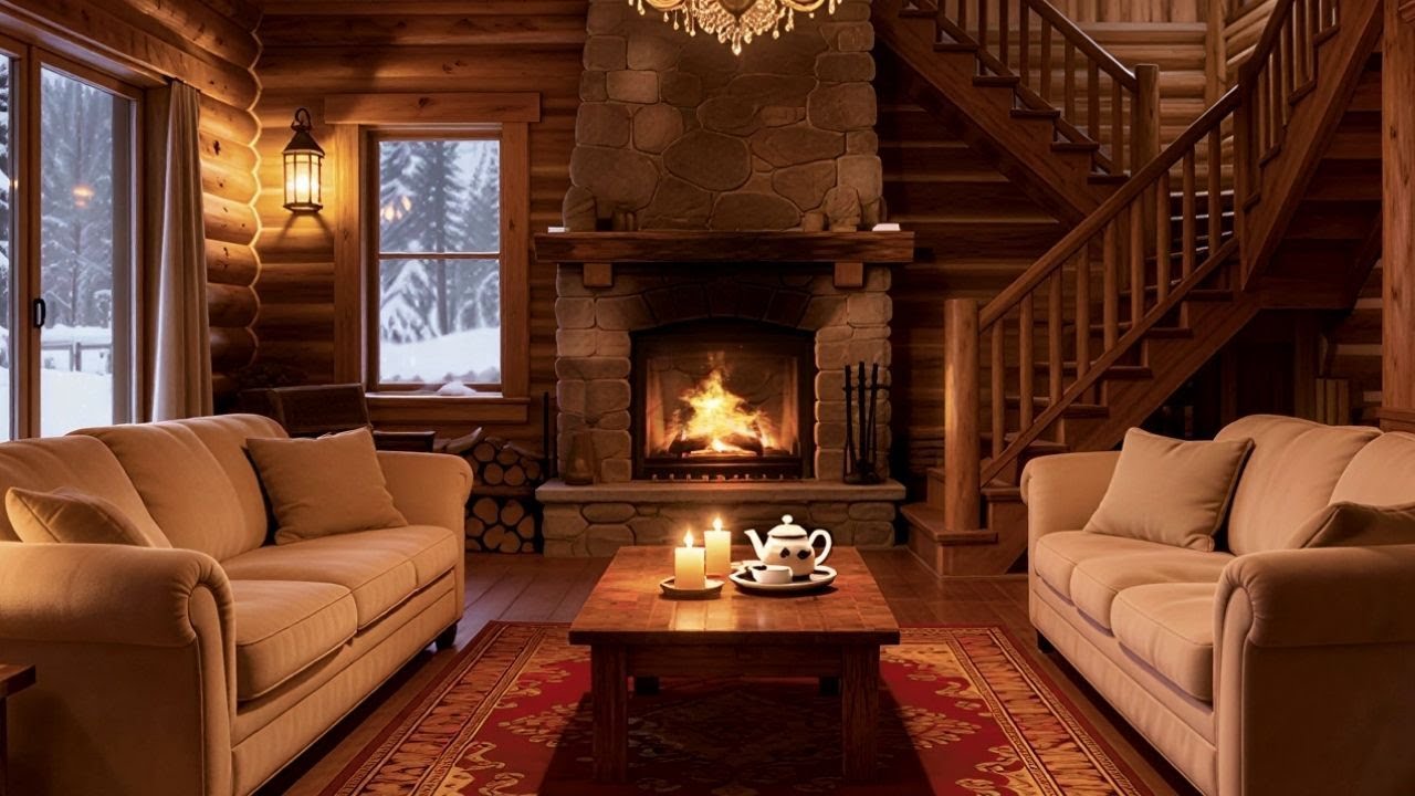 Cozy Cabin Jazz with Fireplace Crackling | Warm Winter Night Ambience