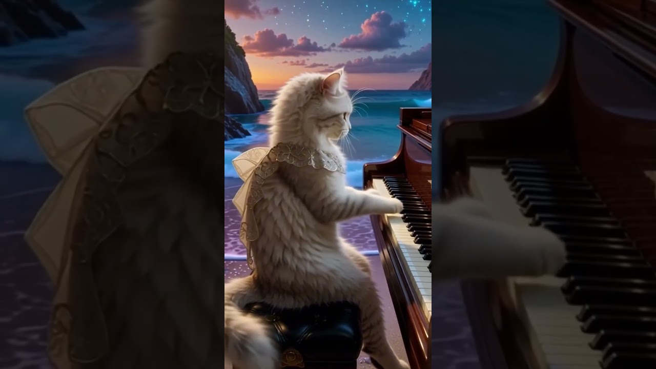 Overthinking at Night? 🌊 Ocean Waves ASMR + Cat Playing Piano | Blue-Purple Beach Sleep Calm 