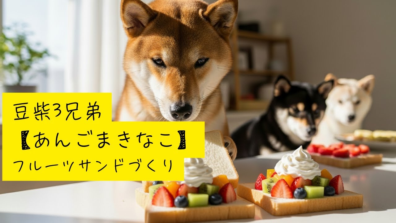 豆柴3兄弟【あんごまきなこ】フルーツサンドづくり・Shibainu Trio's Makes Fruit Sandwiches