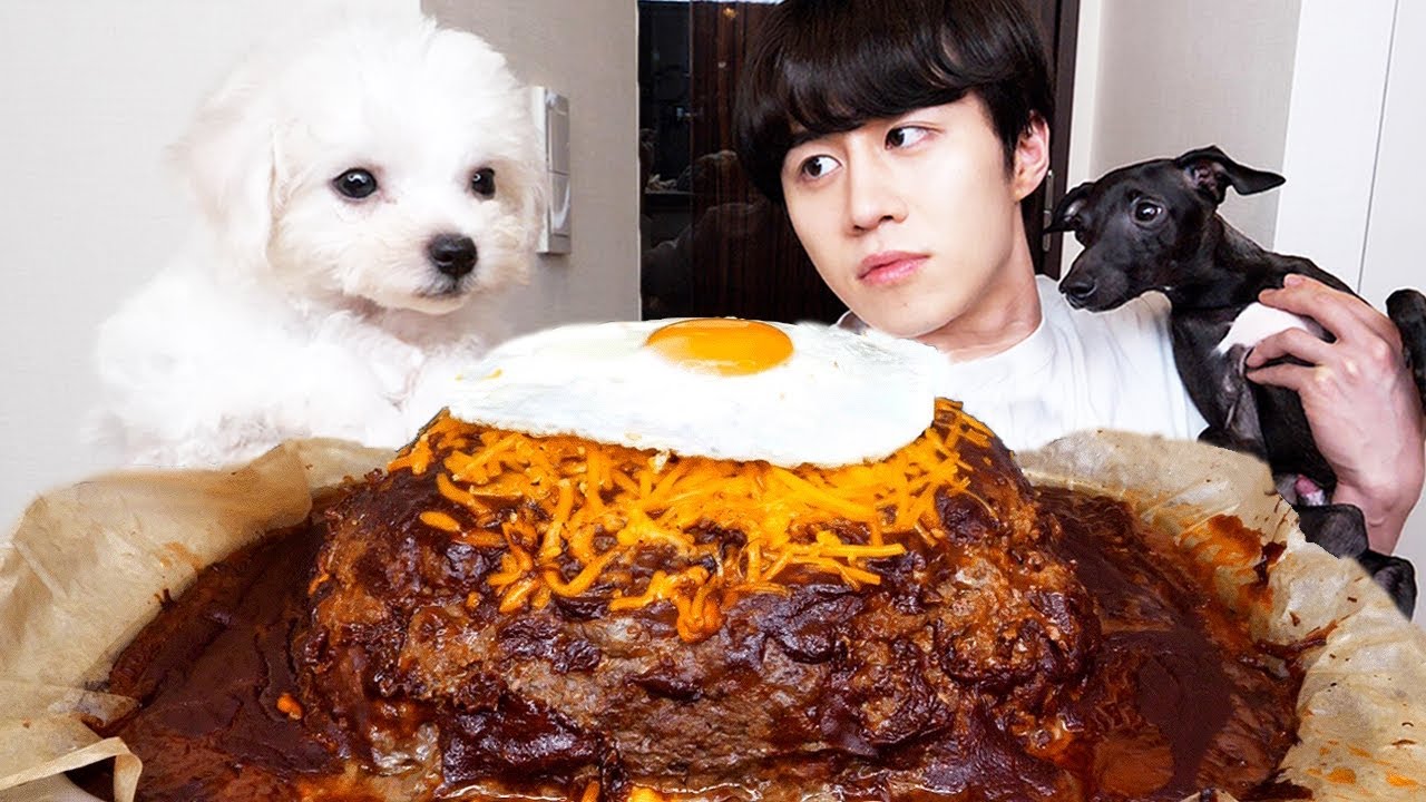 新しい家族の犬と一緒に巨大目玉焼きハンバーグを作って食べたら放送事故すぎたwww
