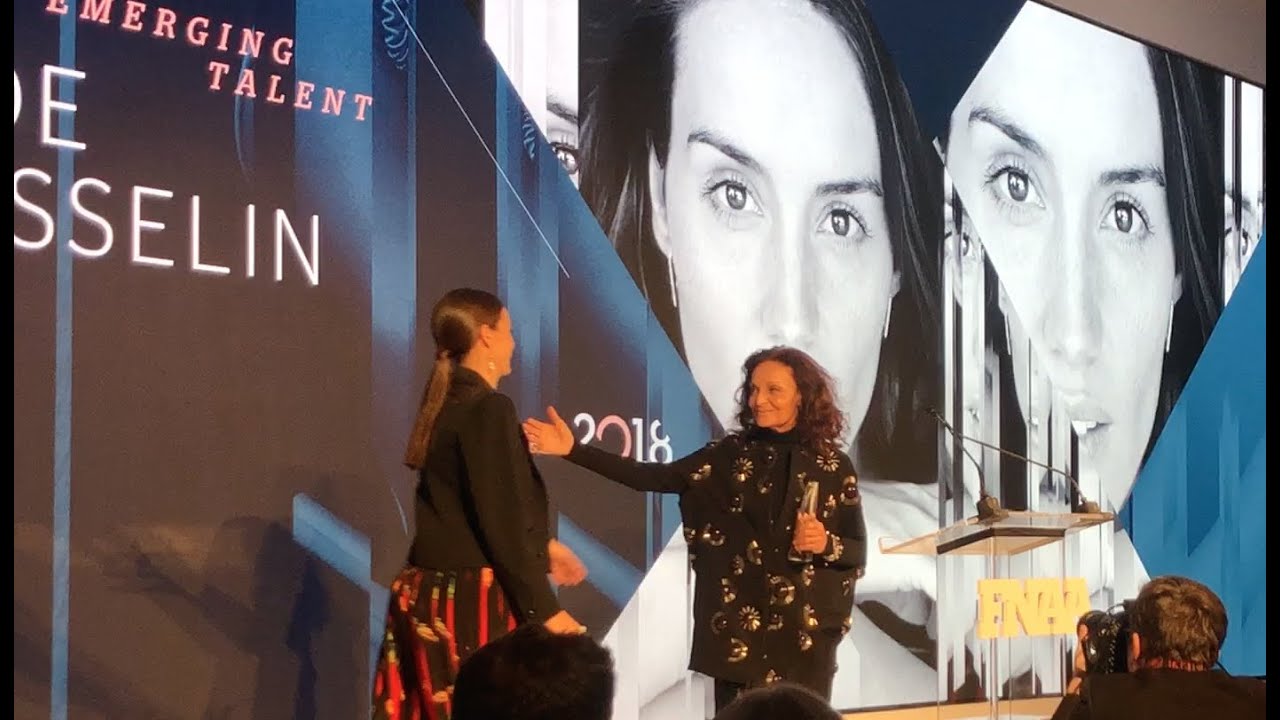 Chloe Gosselin receives the Emerging Talent Award from Footwear News.