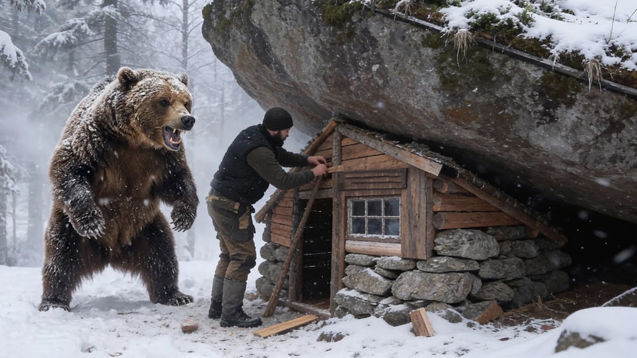 I Built a Bushcraft House Under a Giant Rock to Survive the Freezing Winter