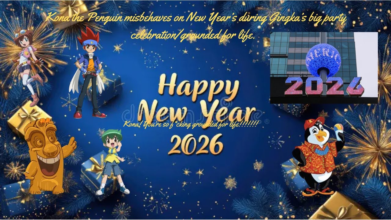 Kona the Penguin misbehaves on New Year’s during Gingka’s party/grounded for life. Enjoy! 💖💪🏼🥇🥳🦅🏟️