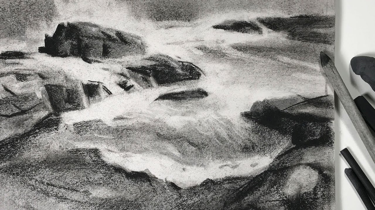 Landscape #7 - Charcoal drawing study of seashore landscape for watercolor painting