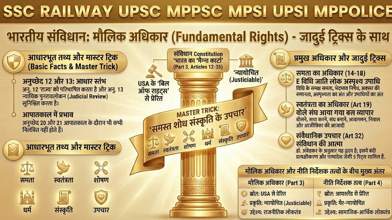 Mppsc Pre polity l Fundamental Rights की धांसू ट्रिक के साथ। मौलिक अधिकार Article 12 to 35 Trick से 