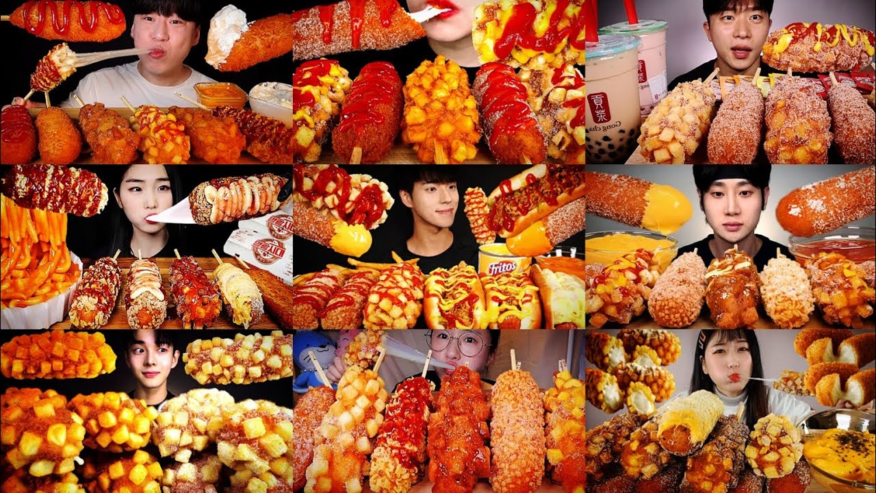 CHEESY CORN DOG EATING MUKBANG COMPILATION || ASMR