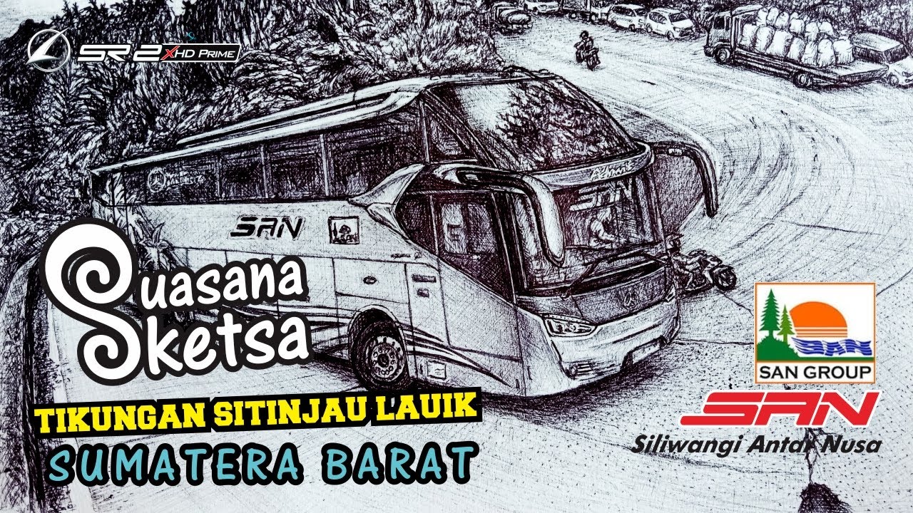 TEREKAM JELAS menggambar sketsa BUS SAN Tronton Nanjak SITINJAU LAUIK