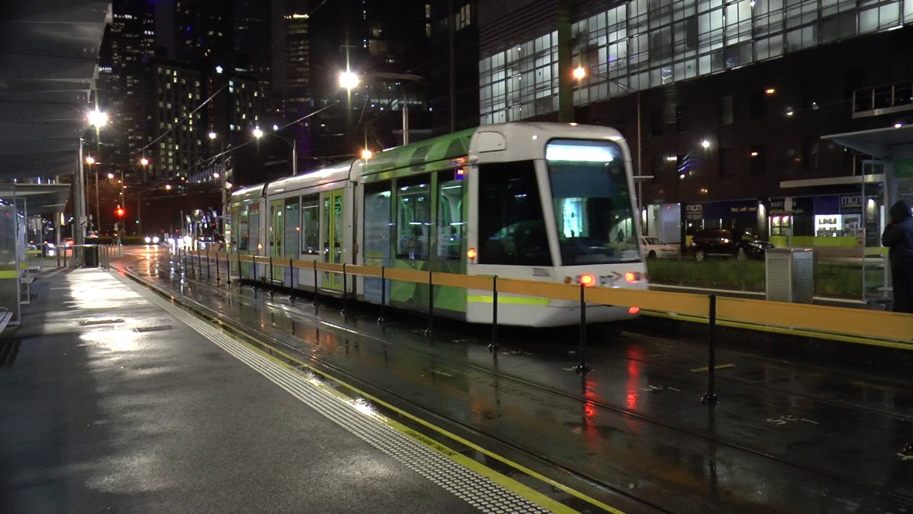Clarendon St Tram Stop lights up in Winter - Melbourne Routes 96 and 109