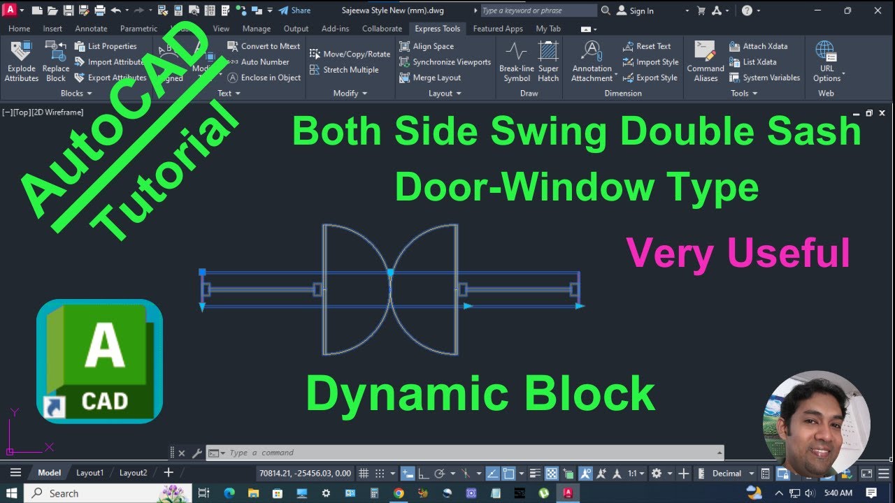 AutoCAD Dynamic Block | Both Side Swing Double sash Glass DoorWindow with Fixed Glass