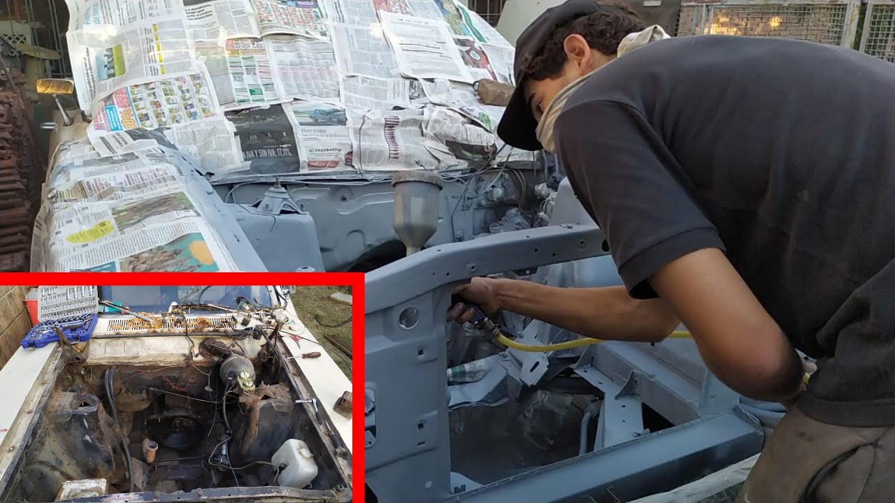 LIJA Y PRIMER al VANO motor del  FORD FAIRLANE. Pintando el vano motor