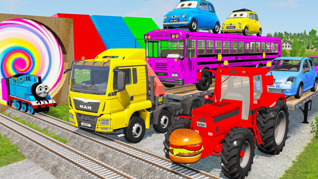BeamNG Drive - Double Flatbed Trailer Truck vs Speedbumps - Cars vs Rails and Trains