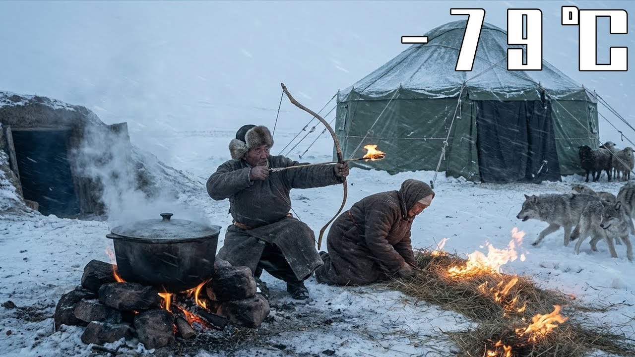 –79°C Snow-Mountain Cave: 80-Year-Old Couple Cook Primitive Meals, Smoke Meat, Drive Off Wolf Pack