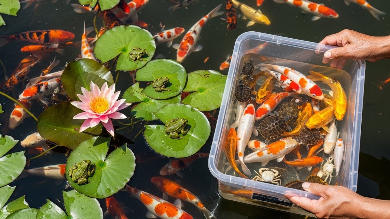 Peaceful Koi Fish Observation | Frogs, Turtle & Lotus Pond Life 🐟🌸