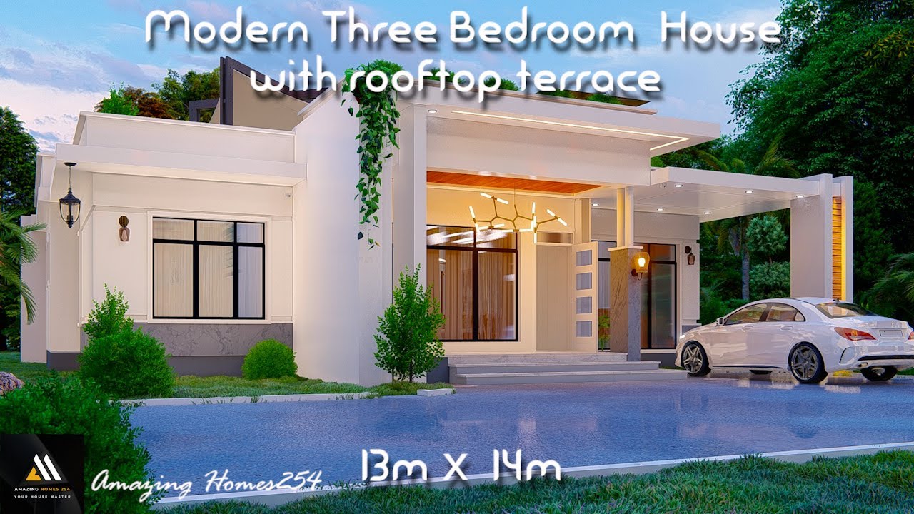 Simple modern 3 bedroom house/ Flat roof bungalow/ 13mx14m/ with rooftop terrace and interior design
