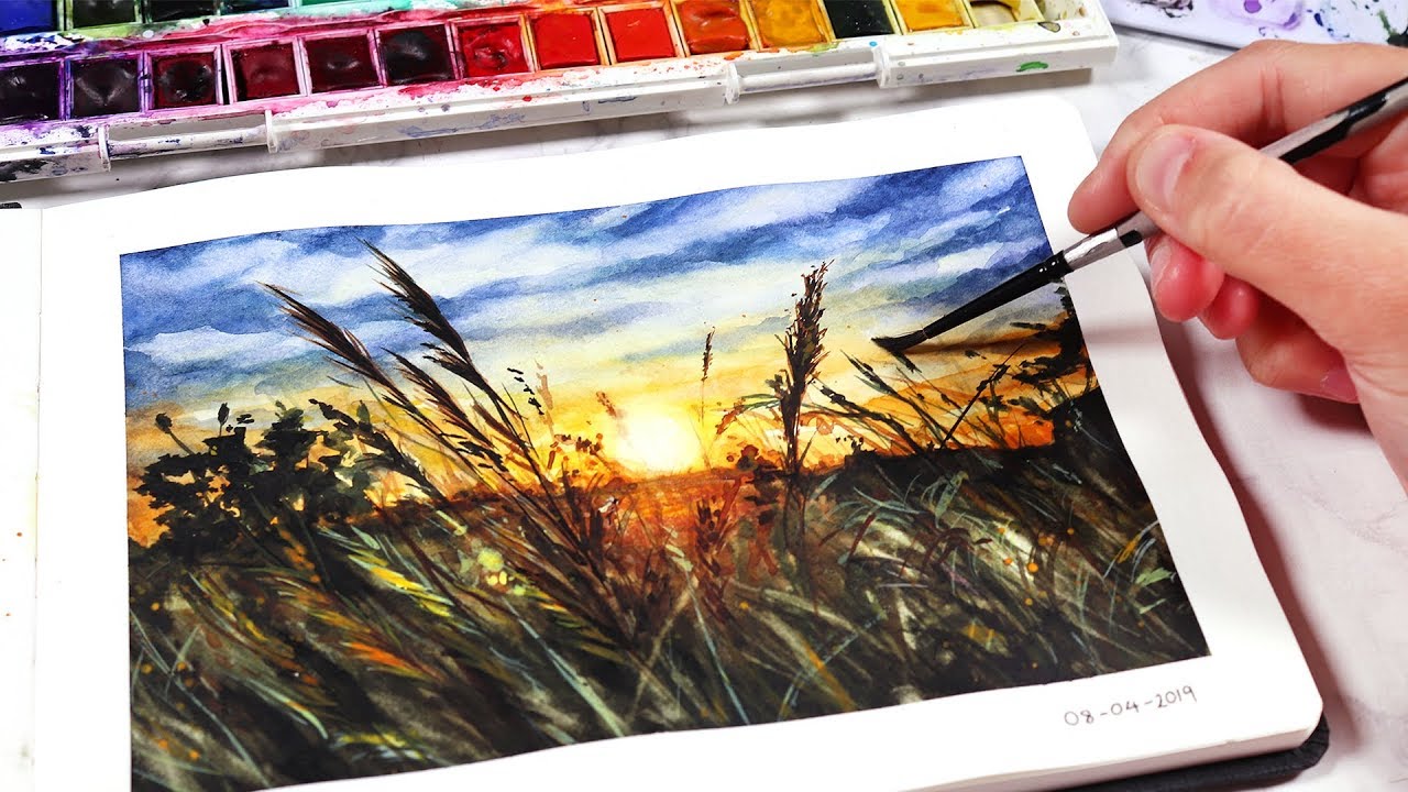 EASY Watercolor Sunset for BEGINNERS - Sunset Fields Painting Tutorial