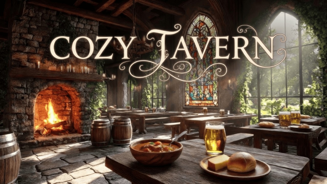Cozy Sunlit Tavern | 3 Hours Fire & Music Ambience | Medieval Fantasy Relaxation & Study