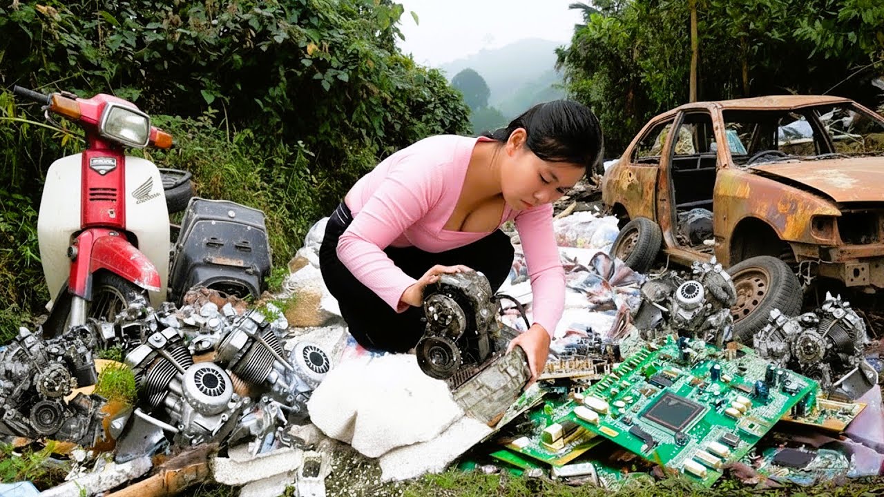 Mechanical Girl Rebuilds a Landfill Motorcycle Engine and Turns Scrap Parts Into a Running Motorbike