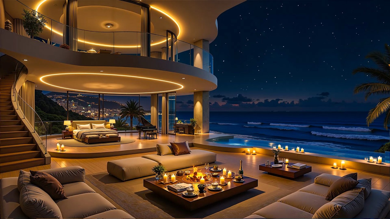 Luxury Beach Apartment Lounge with Soft Jazz 🌊 🌃 Relaxing Jazz Music & Ocean Sounds for Deep Sleep