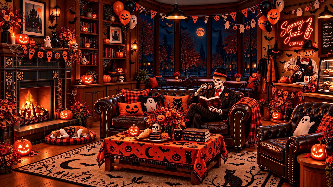 Autumn Jazz Makes Halloween Feel Warmer 🎃 Pumpkin Glow, Cozy Coffee & Crackling Fire for Deep Rest