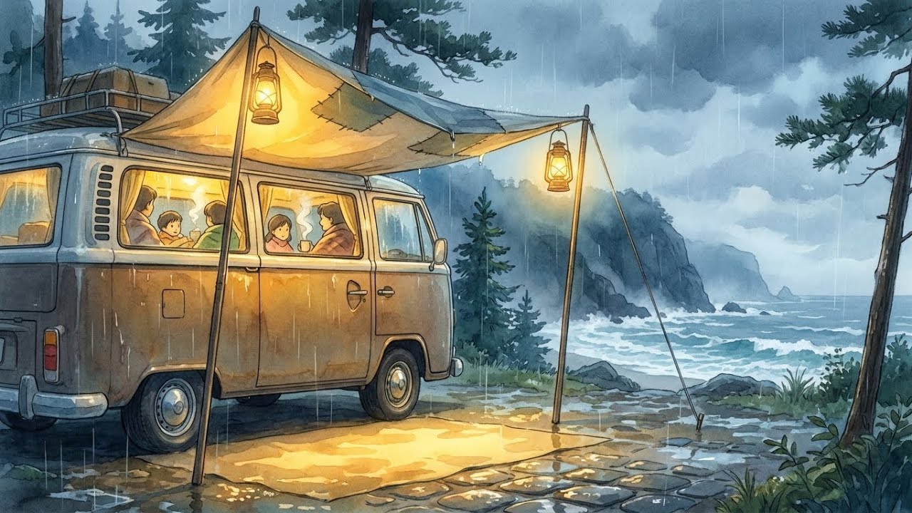 Cozy Rain Camping by the Sea | Gangwon-do Family Camper Weekend (Anime ASMR)