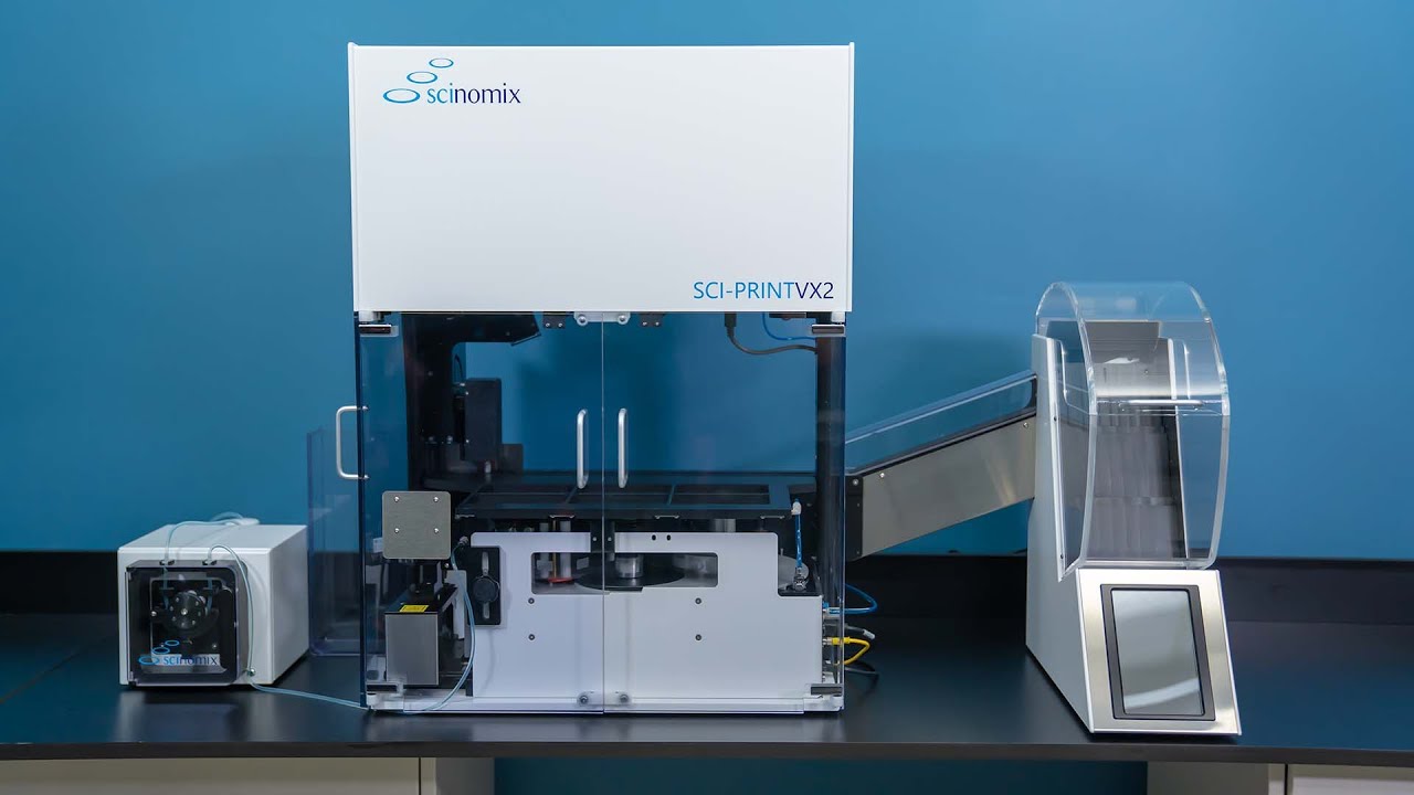 Sci-Print VX2 Tube Handler with the Scinomix VXi Bulk Tube Feeder and Sci-Pump peristaltic pump