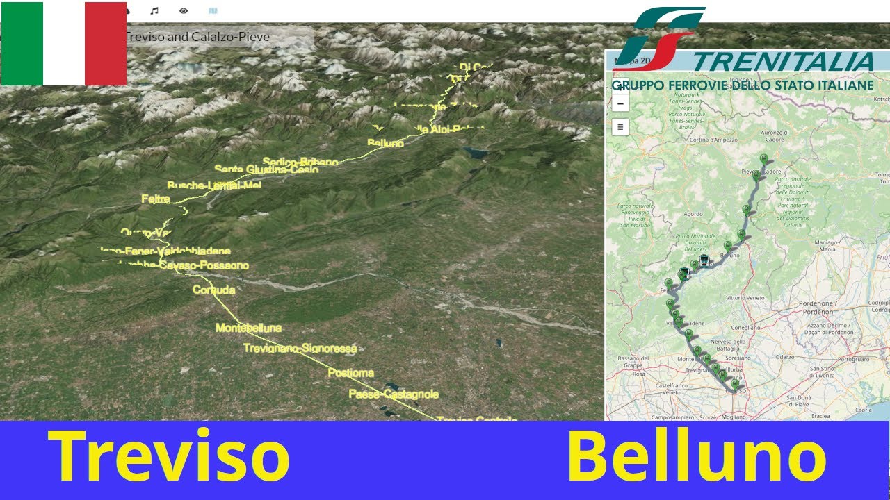 Simulate Trenitalia Regional journey from  Treviso to Belluno with real maps and relaxing music.