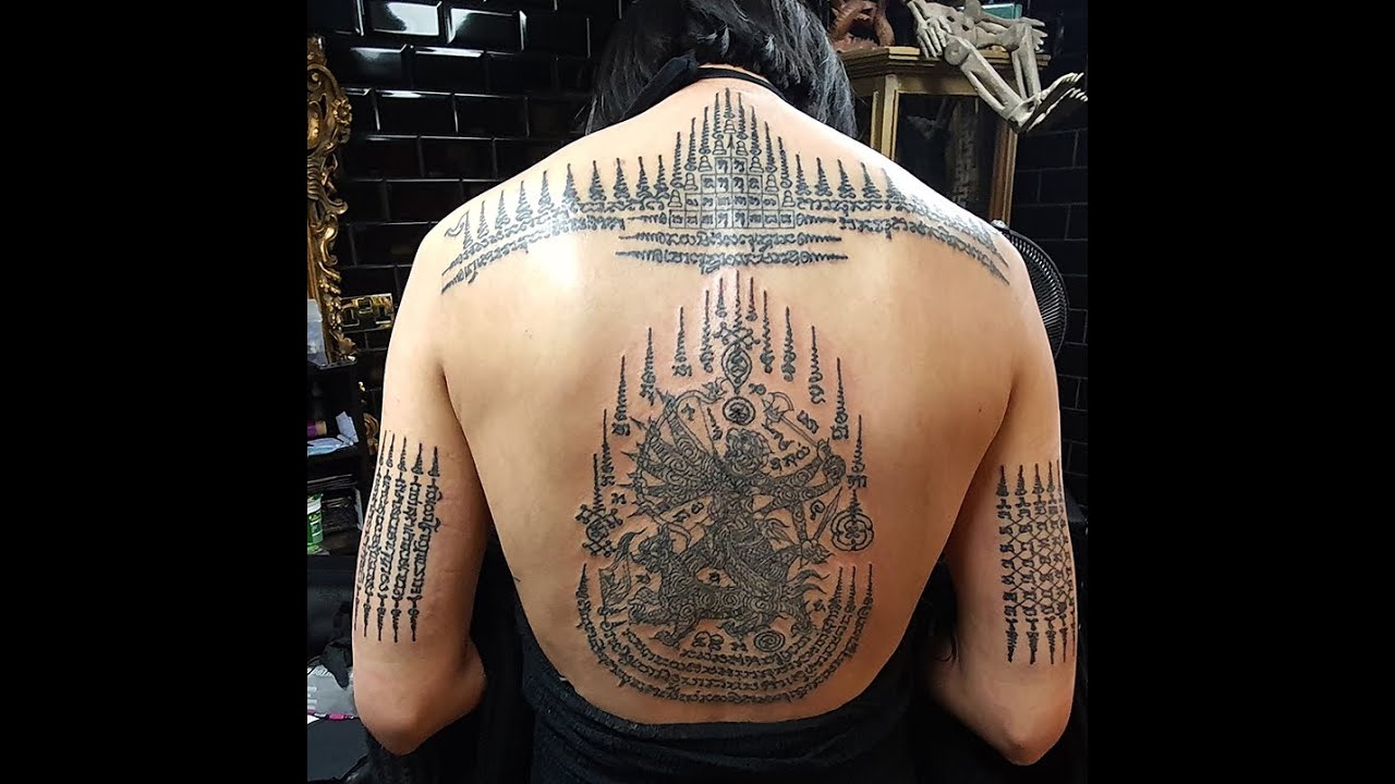 Sak Yant Thai Tattoo full back piece, done by Hand Poke