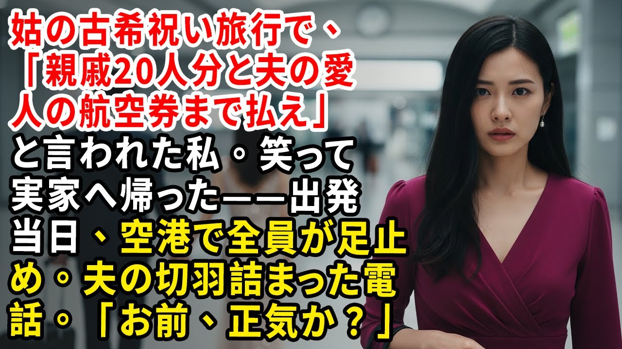 姑の古希祝い旅行で、「親戚20人分と夫の愛人の航空券まで払え」と言われた私。笑って実家へ帰った——出発当日、空港で全員が足止め。夫の切羽詰まった電話。「お前、正気か？」