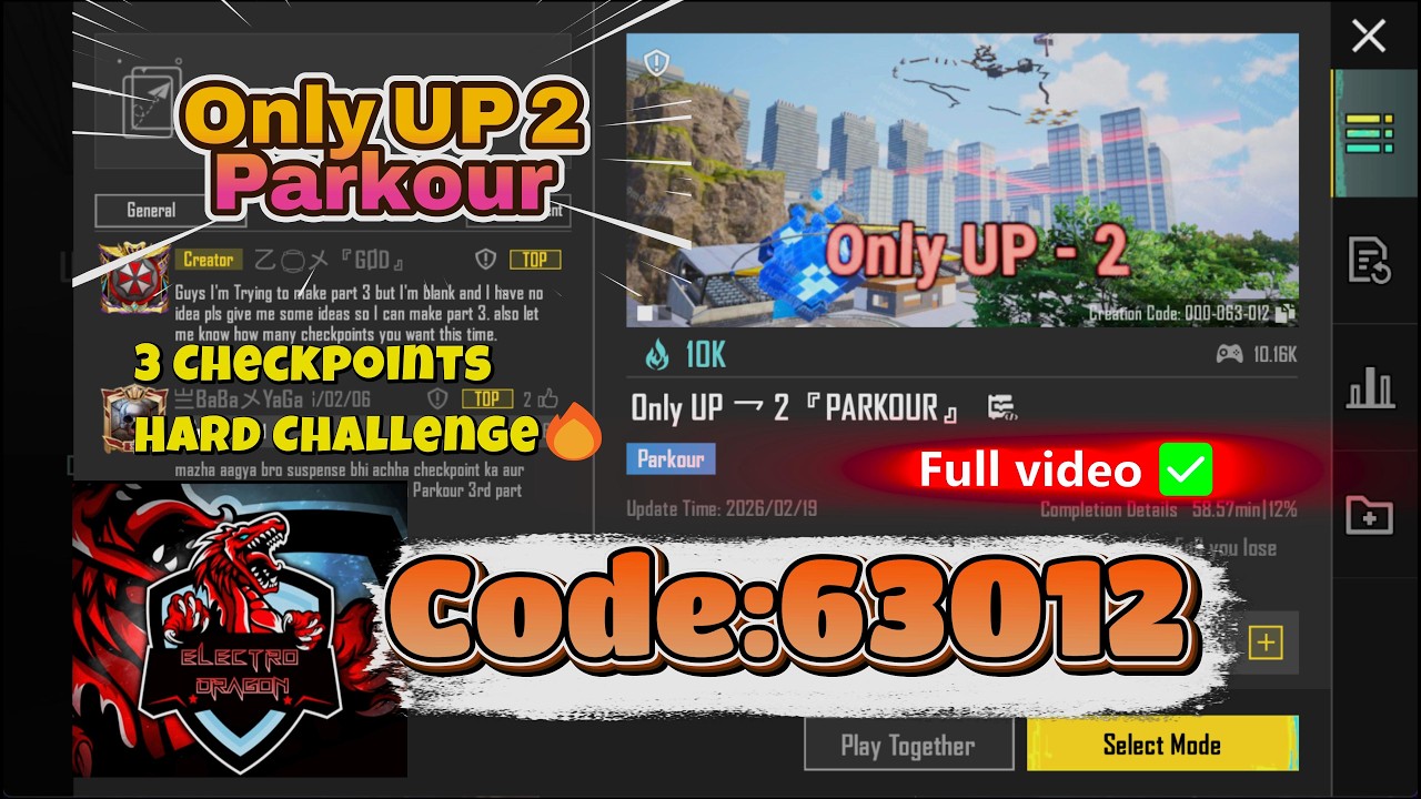 ONLY UP 2 PARKOUR 😱🔥 | 3 Checkpoints Hard Challenge | BGMI WOW | Code 63012