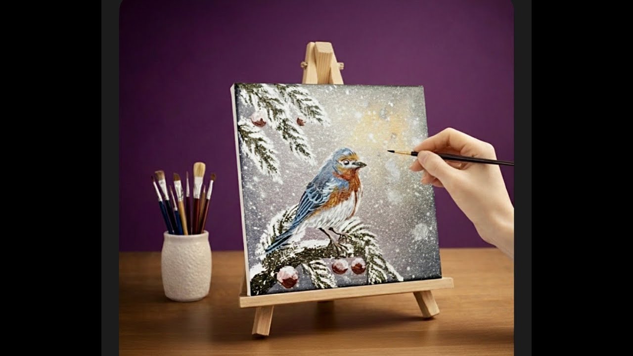 Easy Bird & Christmas Acrylic Painting 🎄| Relaxing Winter Art for Beginners