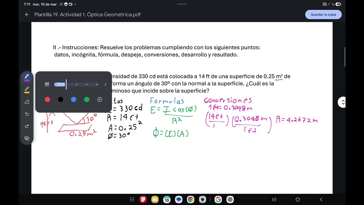Problema óptica sacamos iluminación y flujo luminoso