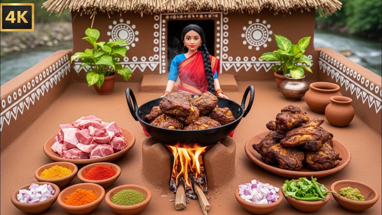 Miniature Doll Traditional Mutton Roast Cooking ASMR | Indian Village TinyKitchen Story😍