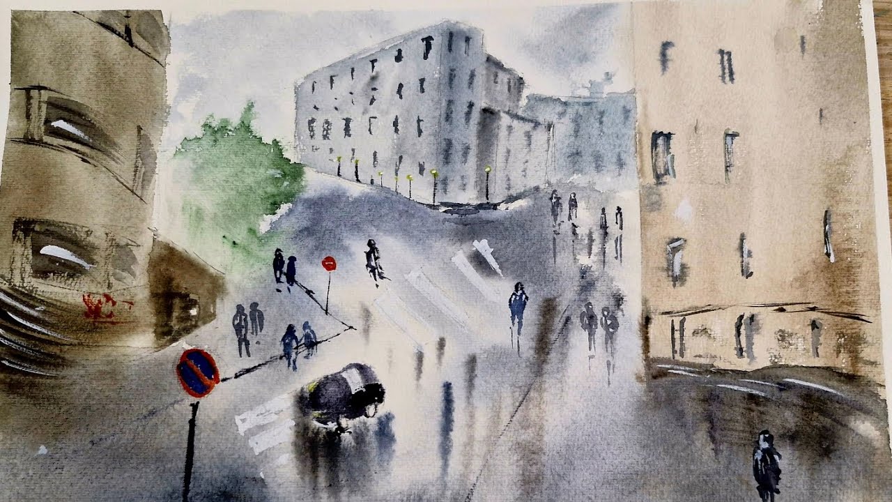 Watercolor City Street Scene | Light and Shadow in Urban Atmosphere