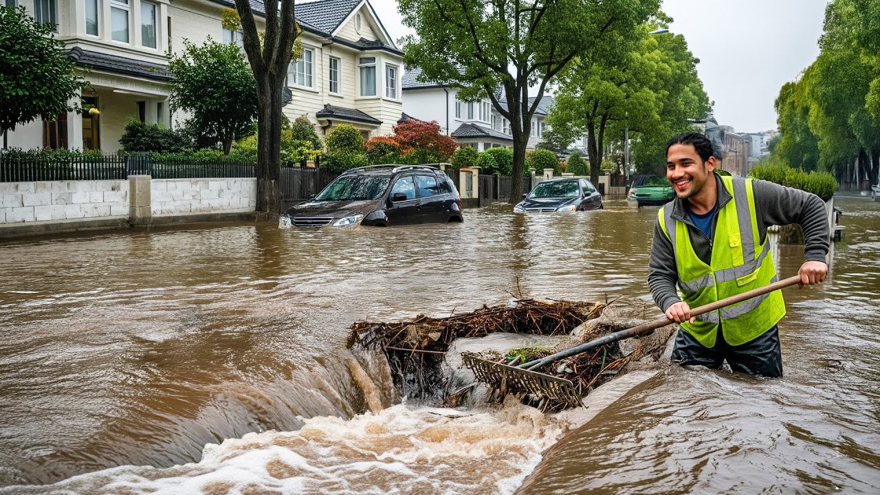 Street Saved From Flood By Strong Water Flow!