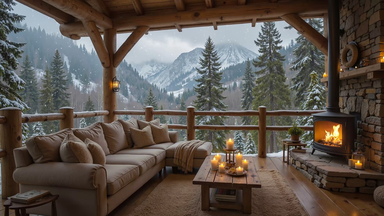 Snowfall at Cozy Winter Cabin Ambience ❄️ Slow Piano Music & Fireplace Sounds for Relaxation