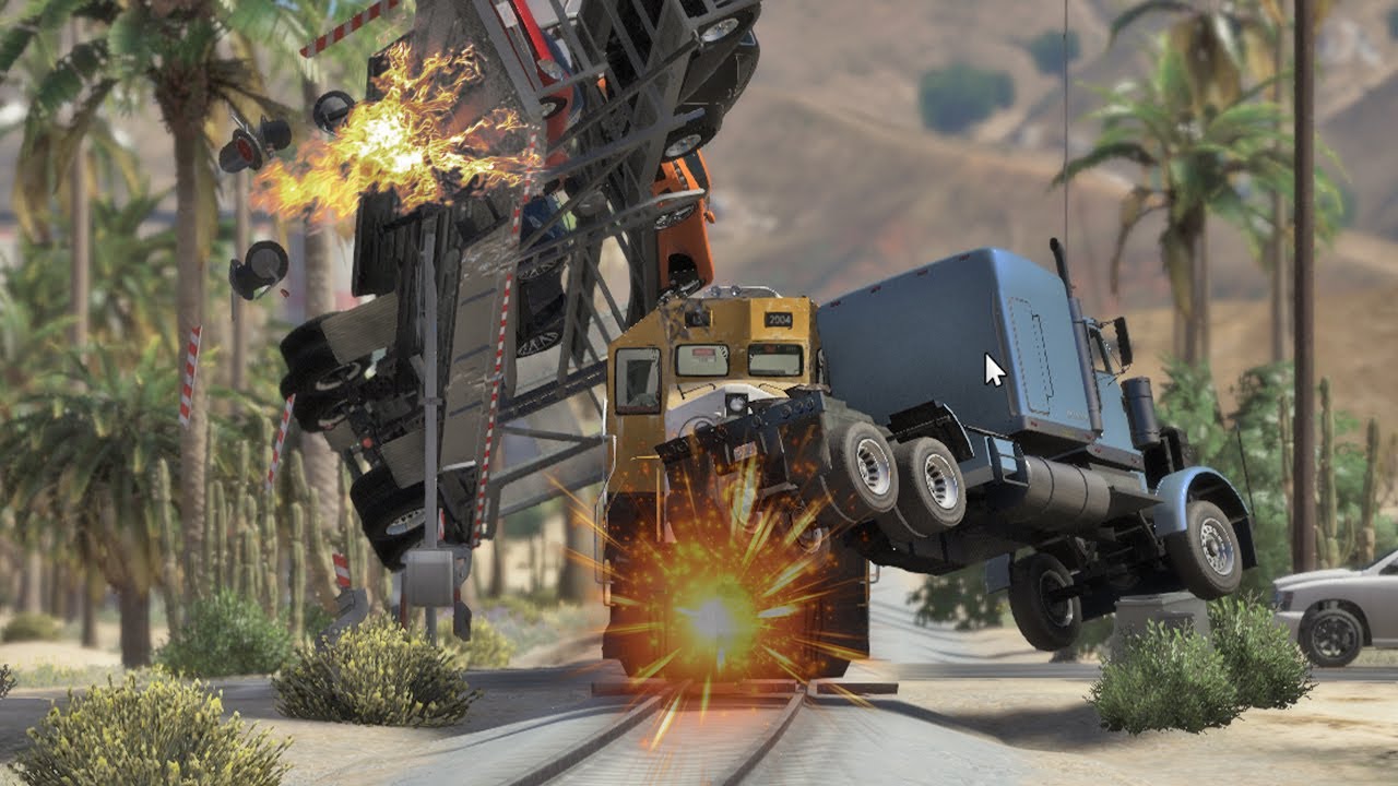 GTA 5 Train Accident Movie( Train Crashes Into Car Transport Truck ) Train Crash Scene