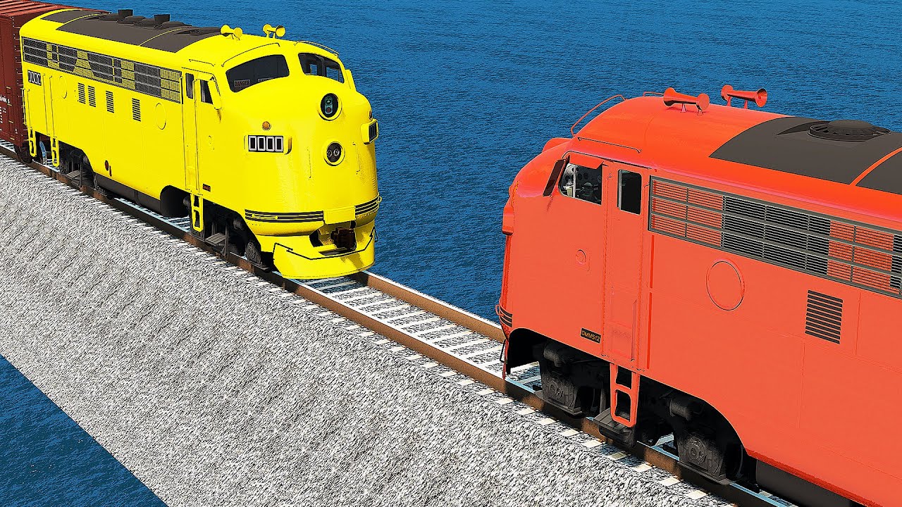 Train vs Train vs Impossible Crossing Single Rail Track - BeamNG.Drive