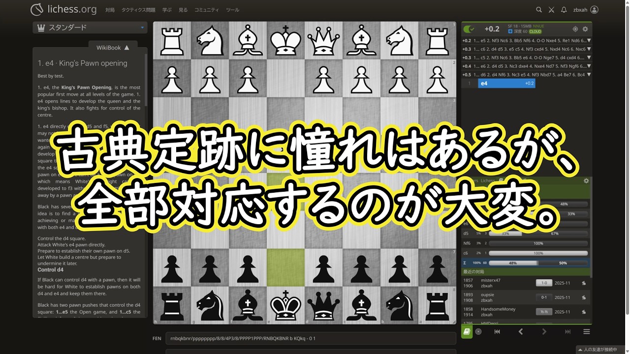 しばらく e4 e5 を指してみてどう思ったか (チェス実況 1970 回記念)