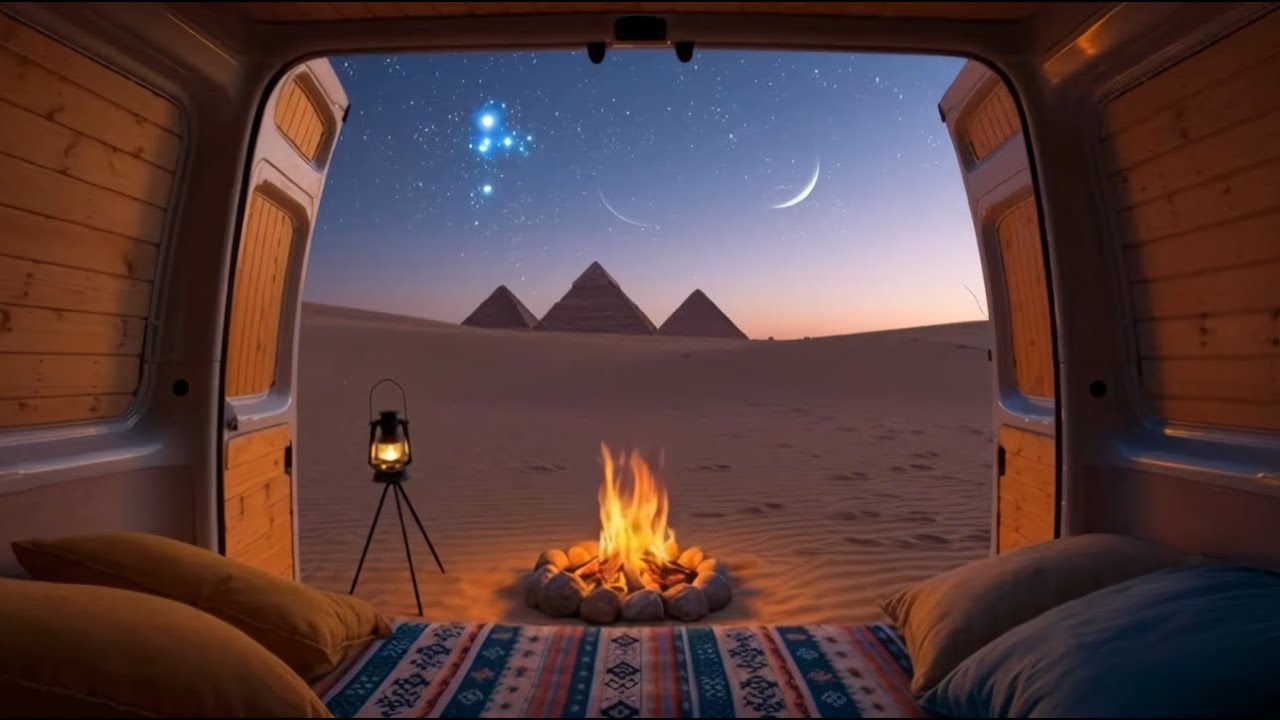 ASMR Luxury Campfire 🔥 Camper Van Universe ✨ Stars View Of Pyramids Desert 🌙 Moon Sounds For Sleep 💤