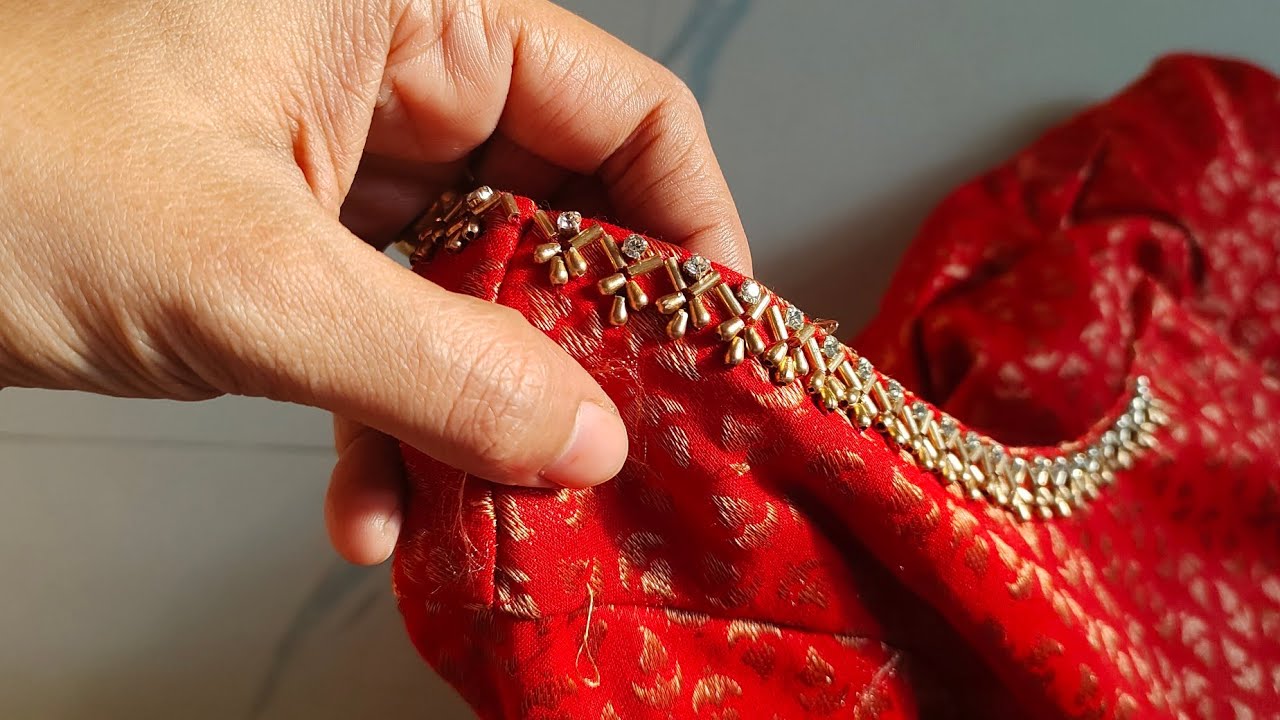 Simple and elegant aari work with normal needle. bead work on stitched blouse for beginners