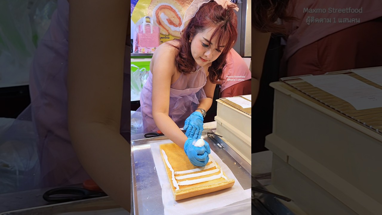 Delicious Foi Thong Roll Cake by a beautiful lady in Thailand #Shorts #streetfood