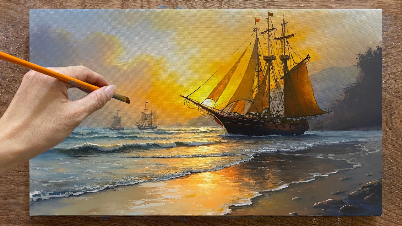 How to draw landscape painting /#114/ Painting of sailboats near the shore / Acrylic painting.