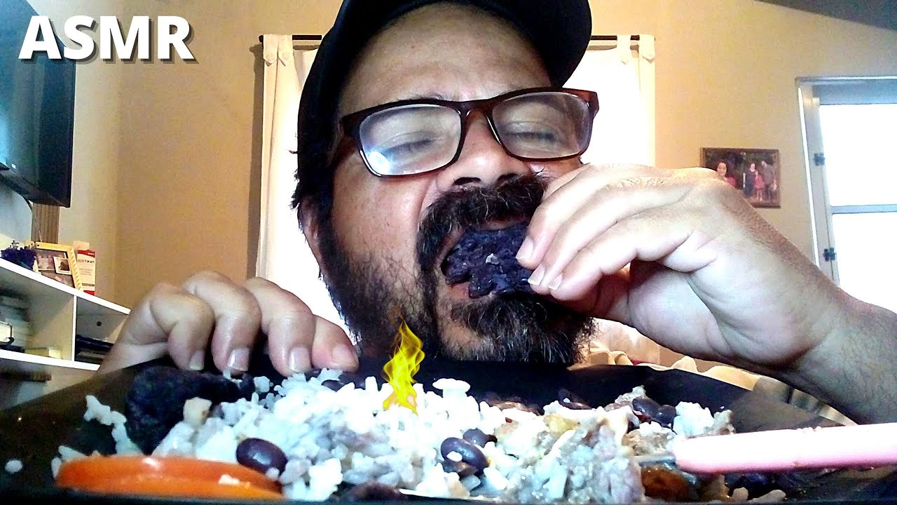 ASMR FOOD BLACK BEANS RICE WITH CHARQUET MEAT, GUAVA JUICE (MUKBANG) CHEWING SOUNDS.