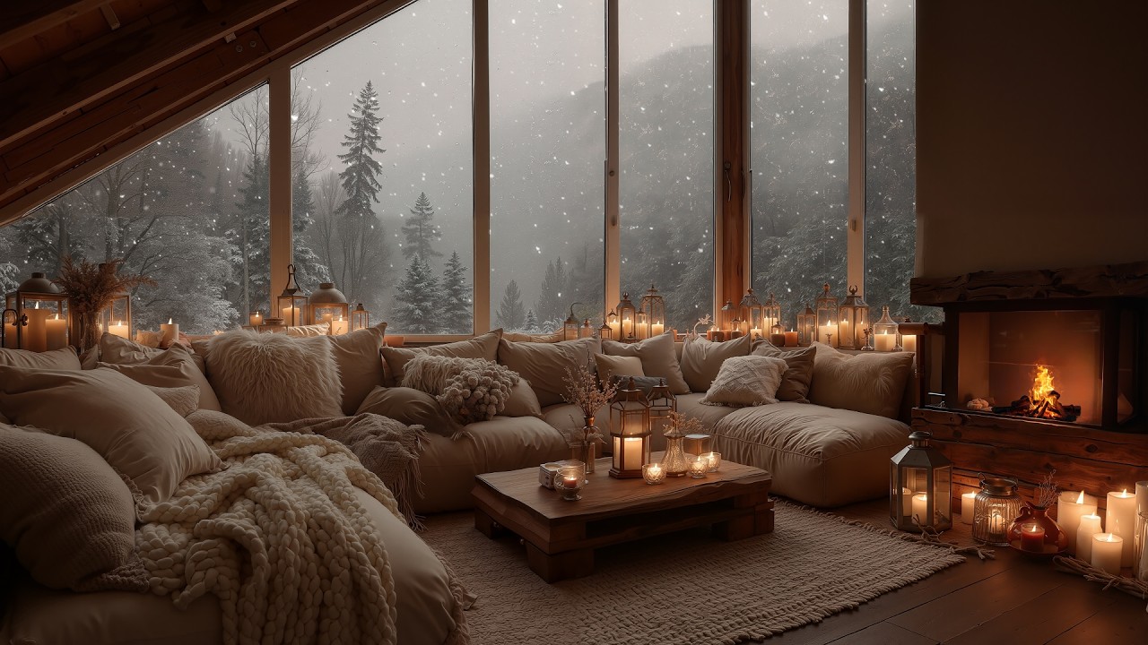 nowfall at Midnight in a Cozy Forest Cabin ❄️ | Soft Piano & Fireplace Ambience for Work & Study