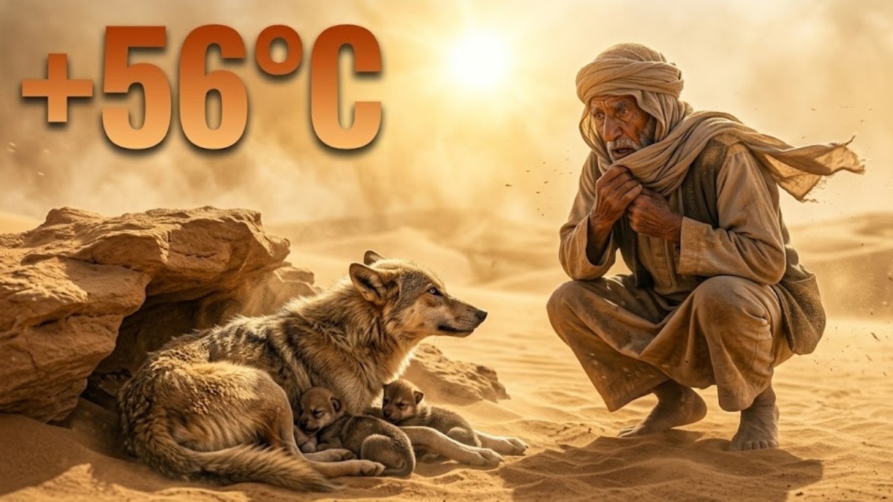 He found a she-wolf and her two cubs on the sand during a storm at +56°C.