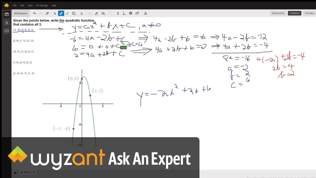 Given 3 points find the quadratic function that contains all three.