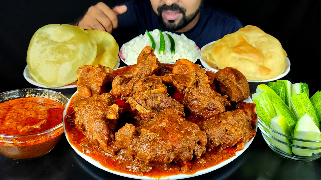 1.5 KG SPICY MUTTON CURRY, SOFT & CRISPY LUCHI/ PURI, RICE, MUTTON GRAVY, CHILI ASMR MUKBANG EATING|