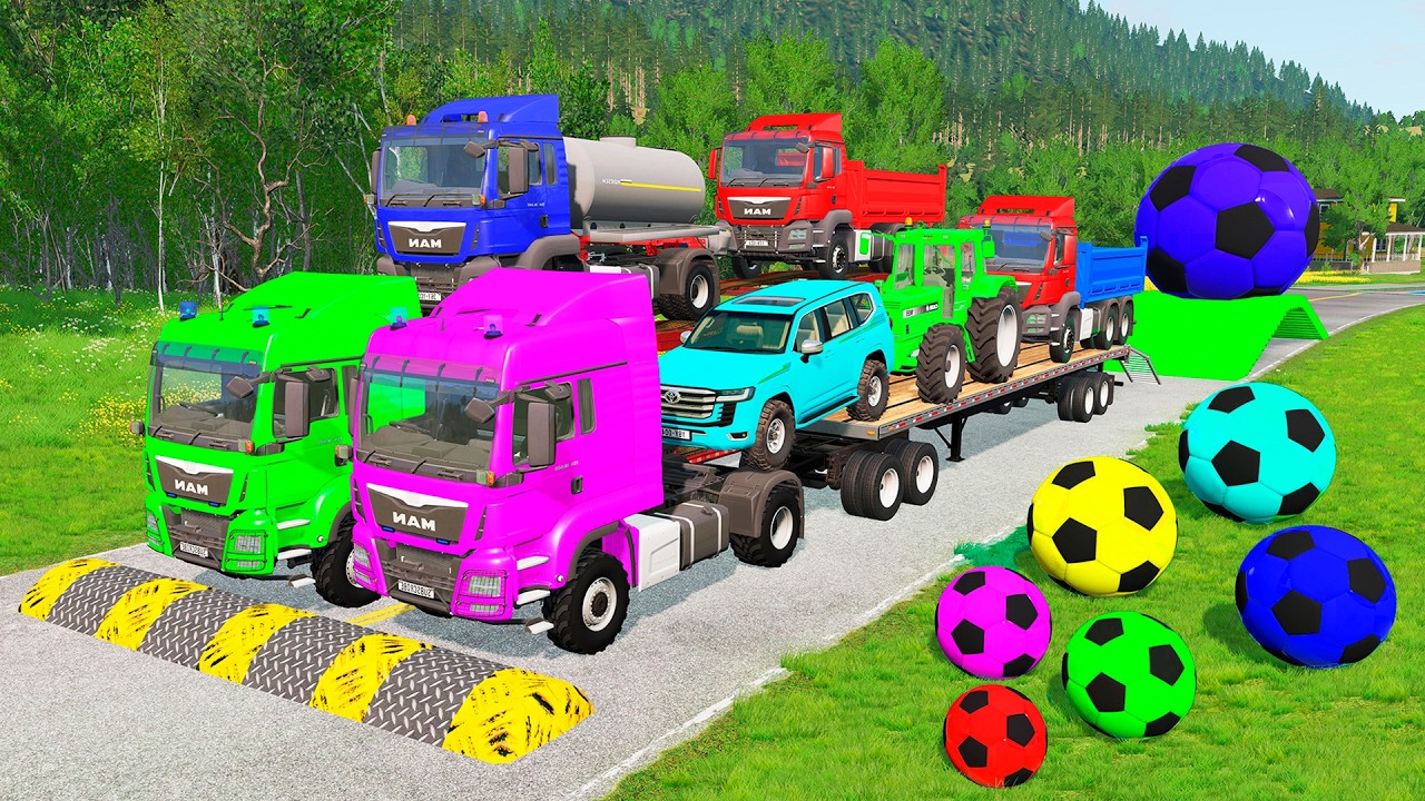 Flatbed Trailer McQueen Transportation with Truck - Speedbumps vs Cars vs Train - BeamNG.Drive #24