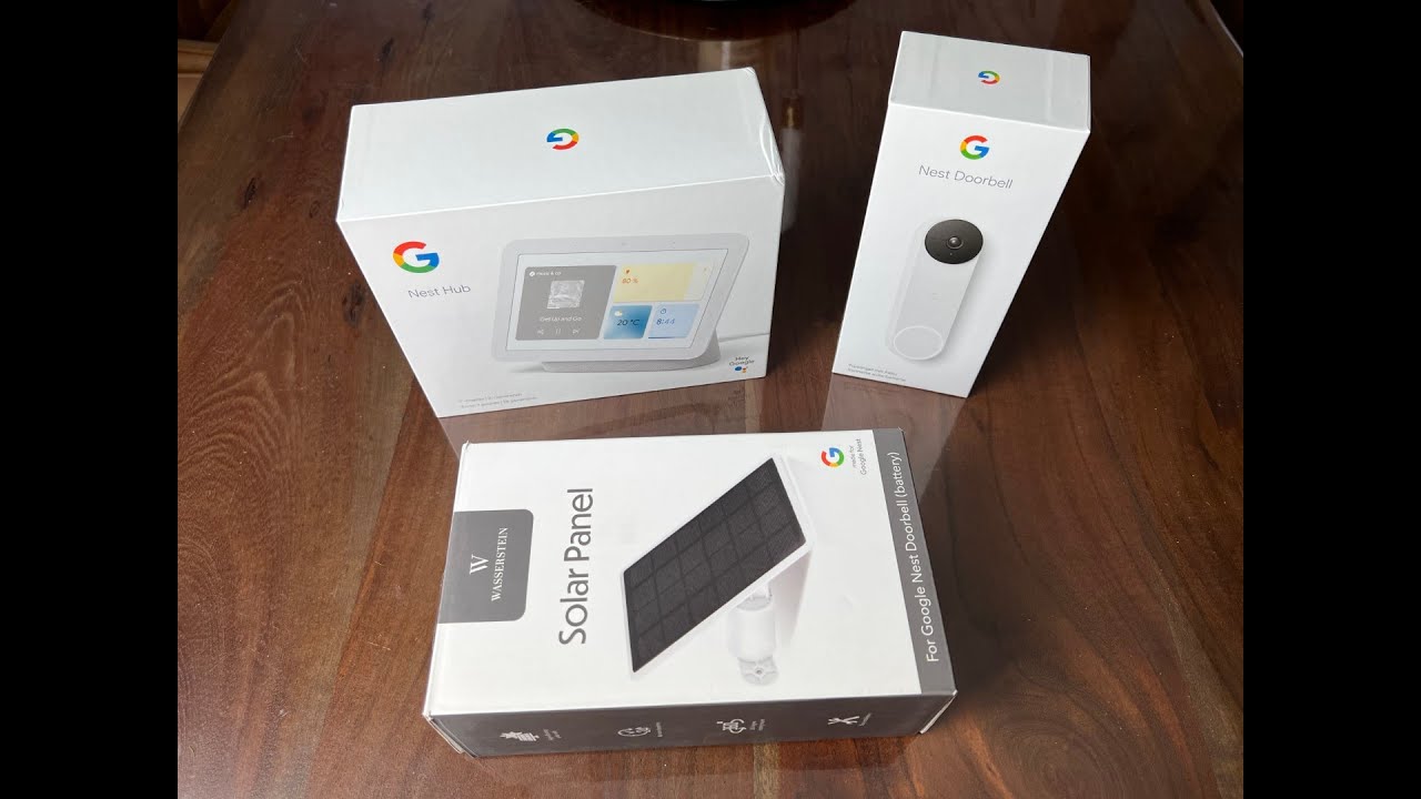 Google Nest Bildschirm (GEN.2),  Nest Akku Klingel und Wasserstein Solar Panel
